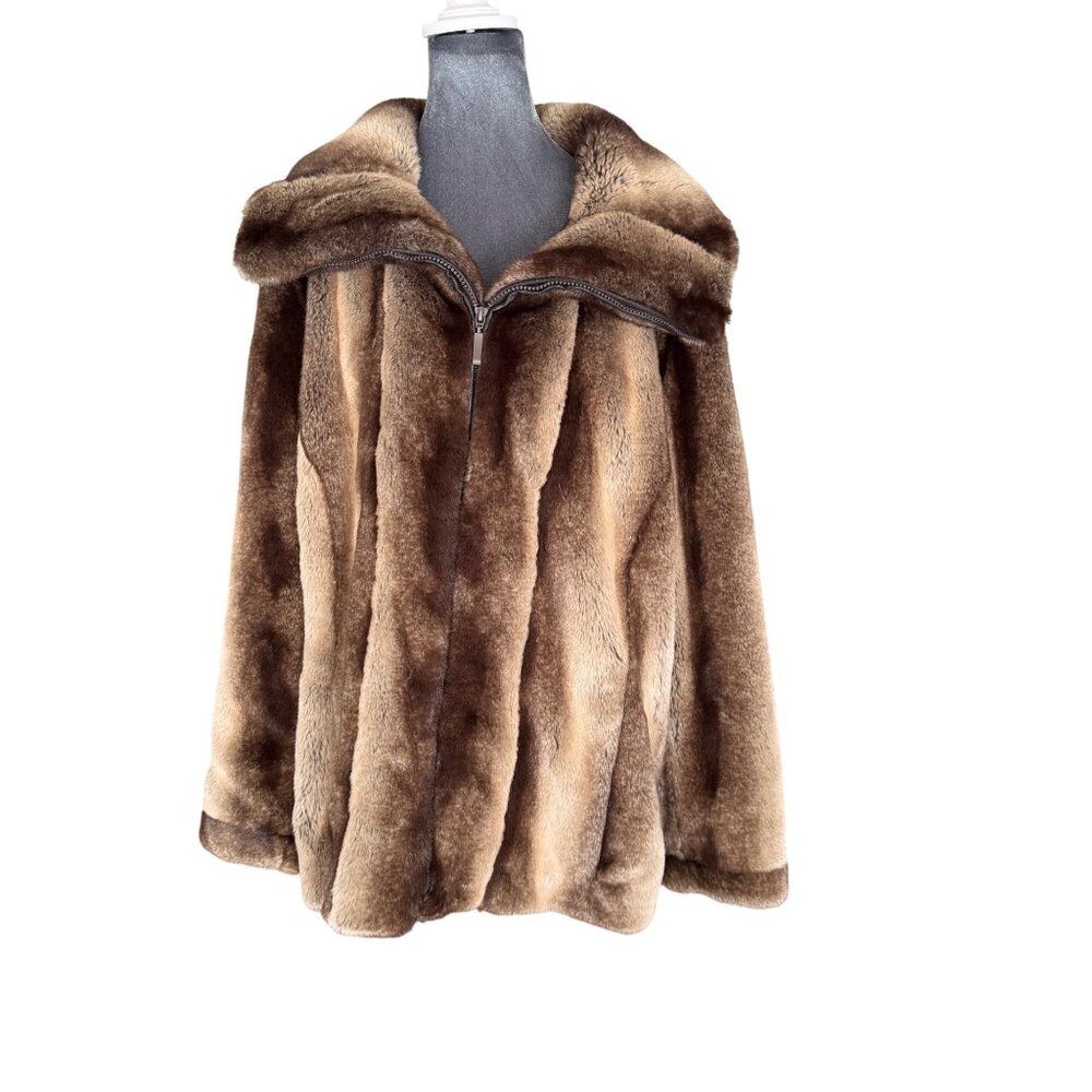 Gallery Womens Faux Fur Coat 1X Brown Zip Front Jacket Acrylic/Polyester Soft Wa